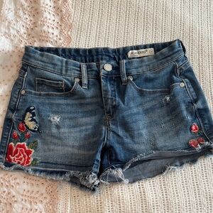 Blank NYC Distressed Blue Jean Shorts with Floral Embroidery